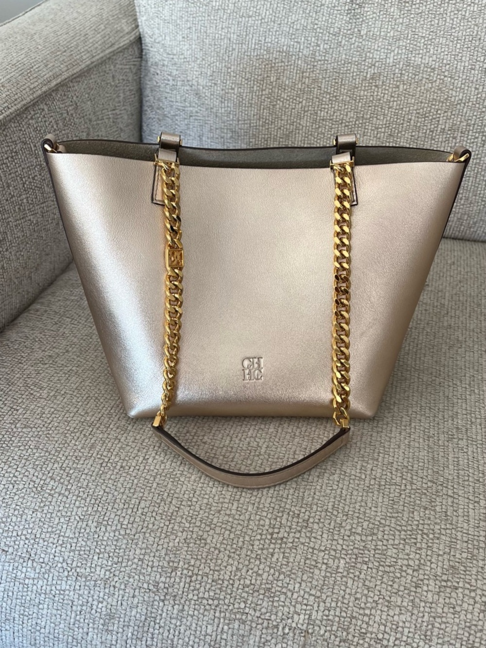 Carolina Herrera Metallic Champagne Chain-Handle Tote